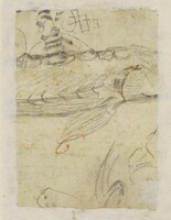 N 037 verso
<br/>
Vis (fragment); losse krabbels
<br/>
<em>Goltzius, Hendrick (1558-1617)</em>